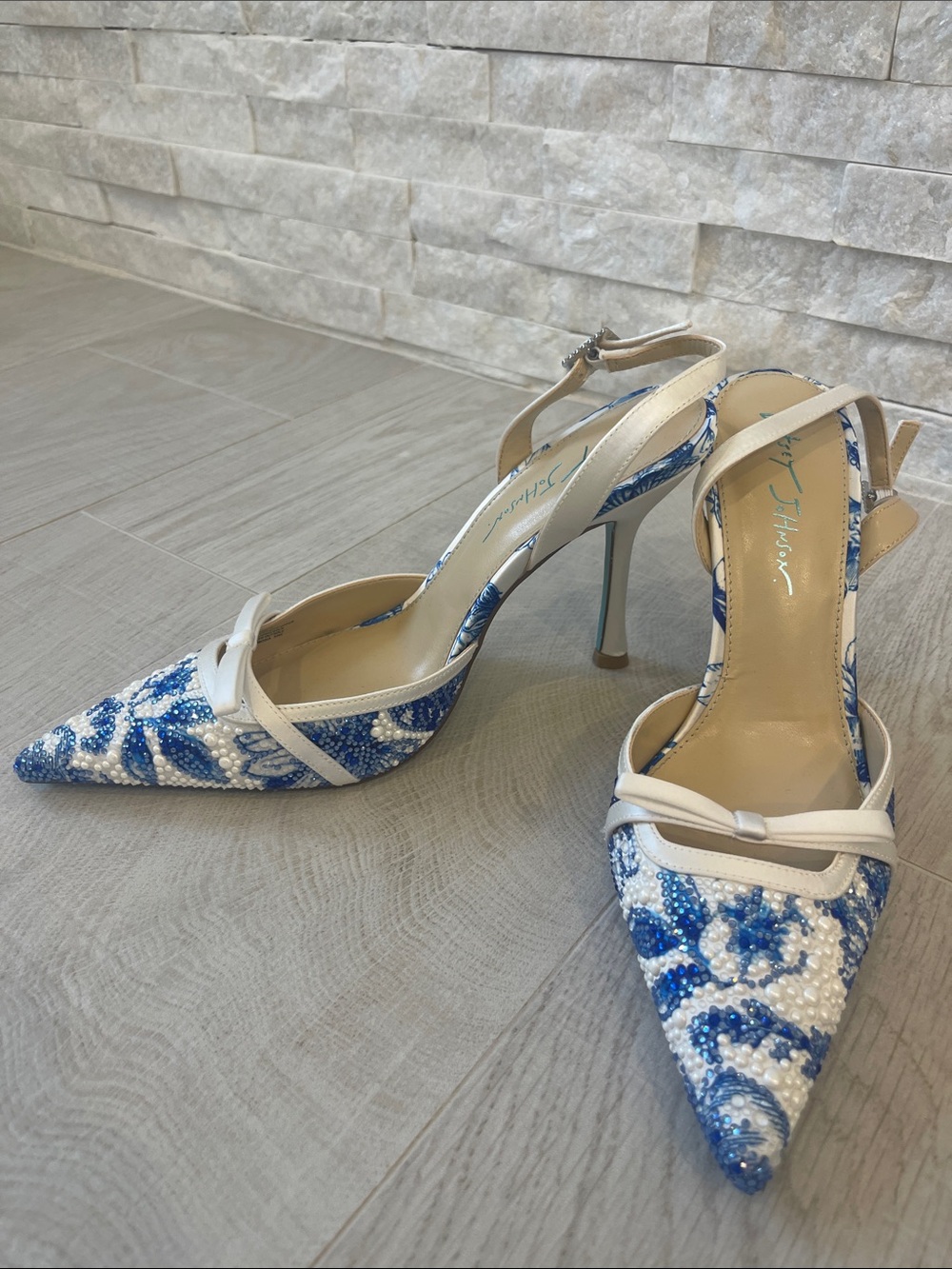 Betsey Johnson Blue & White Beaded Pointed-Toe Slingback Heels
